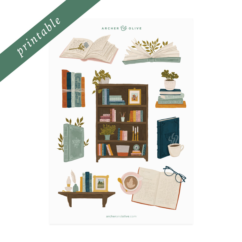 Books & Flowers Printable Stickers